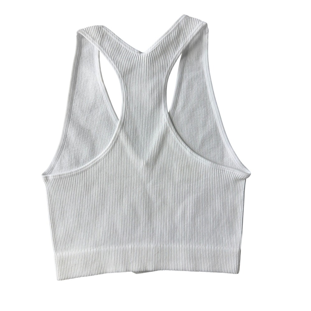 Zenana White Ribbed Crop Tank‎ Top V-Neck Racerback Sleeveless S/M - Picture 2 of 2
